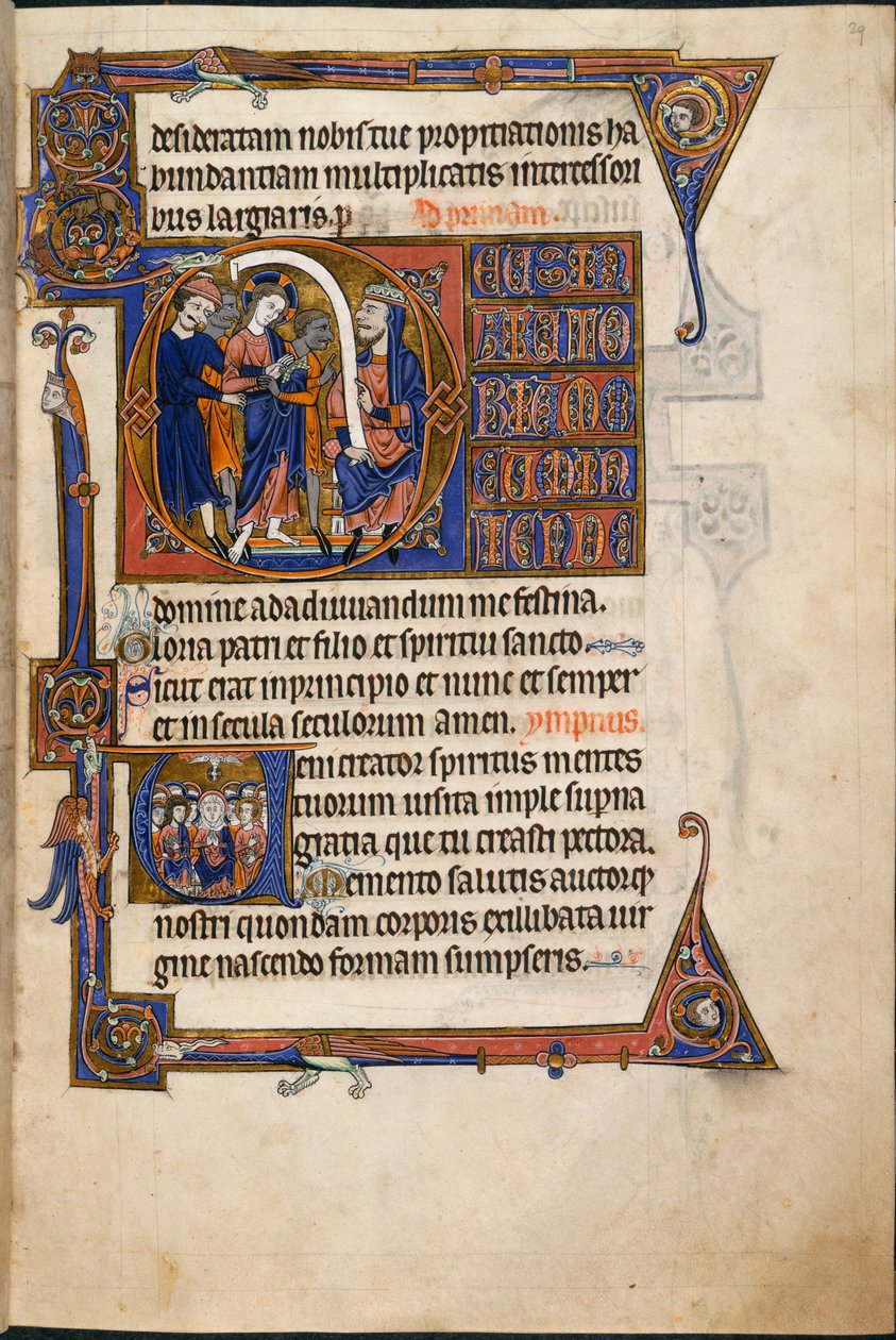 Tilføj MS 48985 f.29r, Jesus Before Caiaphas, i Salvin Hours af English School