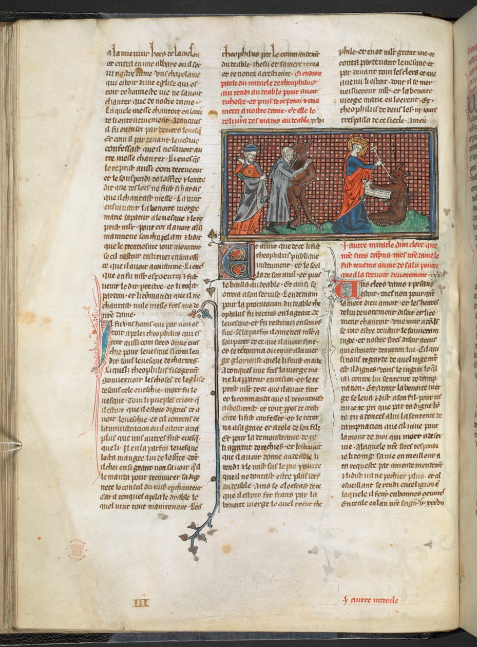 Tilføje. Ms 17275 fol.29v Theophilus, Djævelen og Jomfru Maria (vellum) af English School