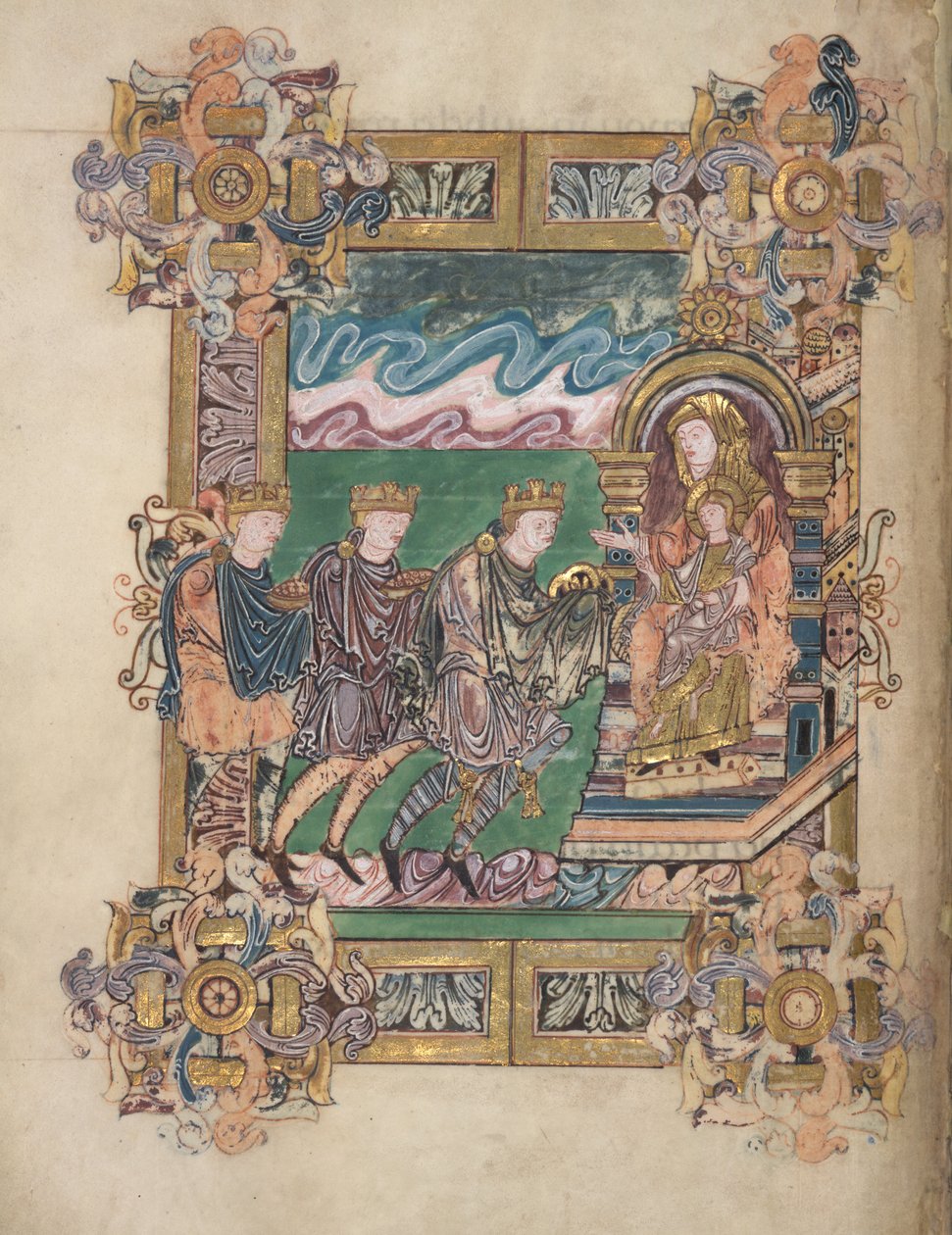 Tilbedelse af Magi, Tilføj. 49598, f.24v, fra Benedictional of St Aethelwold, 971-984 (vellum) af English School