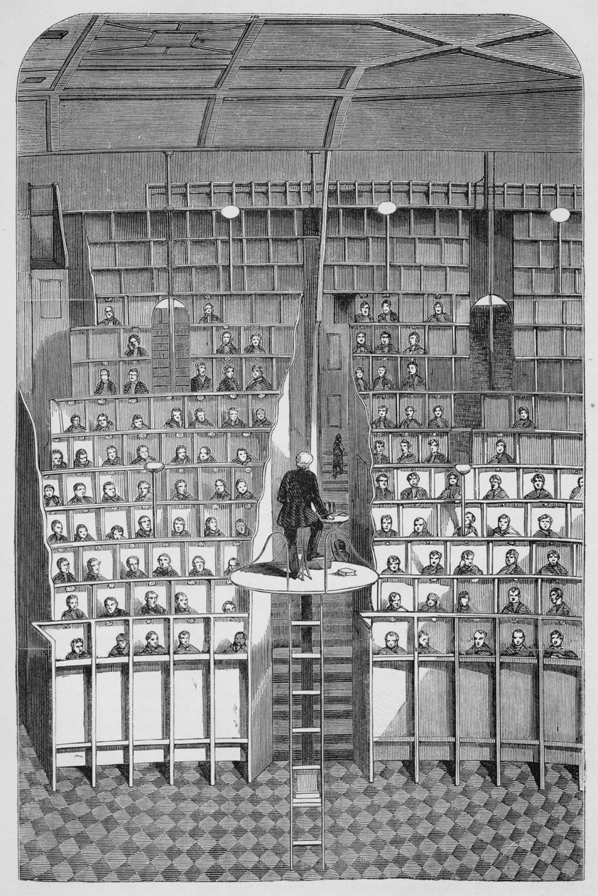 Voksenskole i kapellet, på det separate system, i Surrey House of Correction, Wandsworth, fra The Criminal Prisons of London og Scenes of Prison Life af Henry Mayhew (1812-87) og John Binn af English School