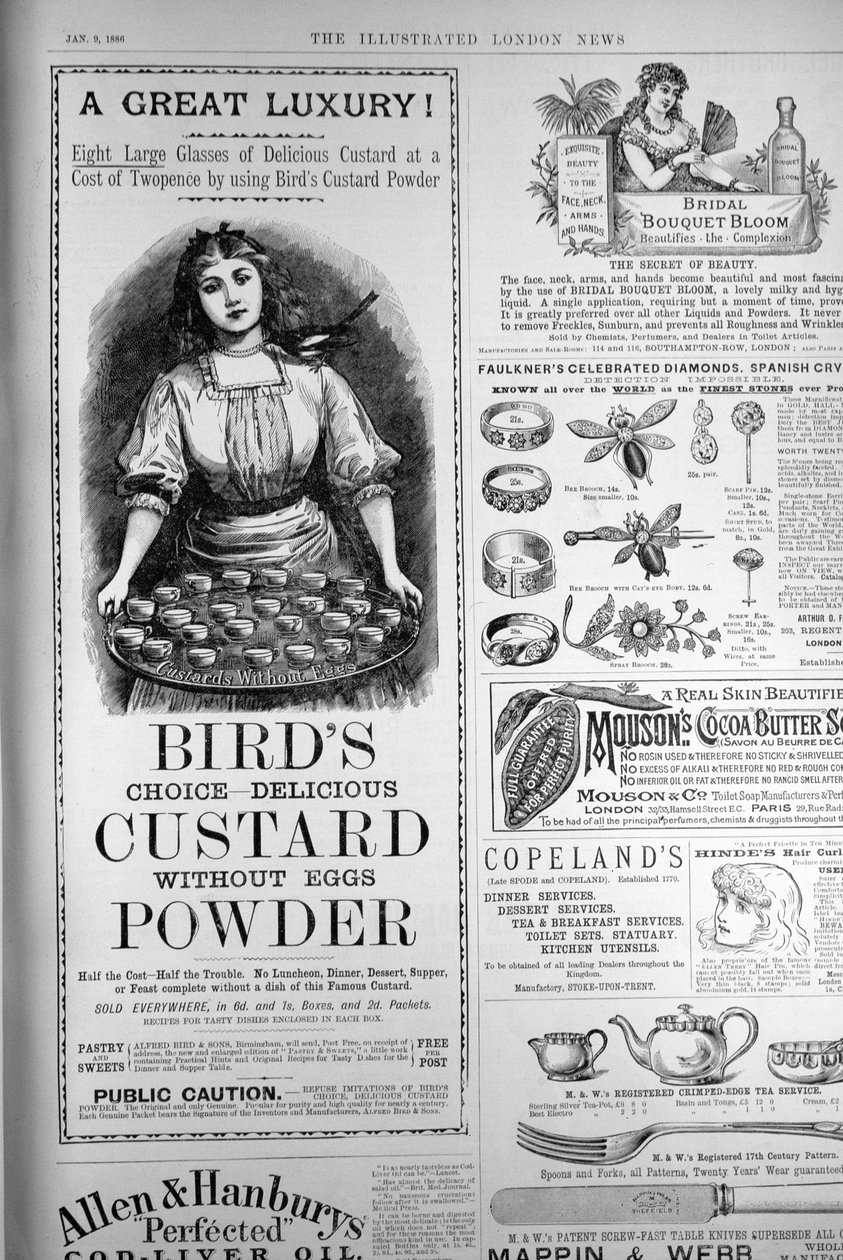 Annonce for Birds Custard Powder, fra The Illustrated London News, 1. september 1886 af English School
