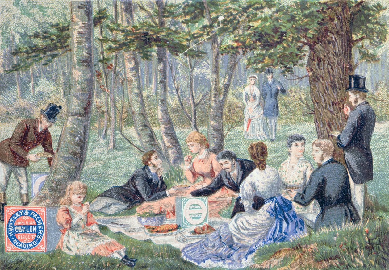 Annonce for Imperial Ceylon Biscuits lavet af Huntley & Palmer, der viser en picnic i Epping Forest af English School