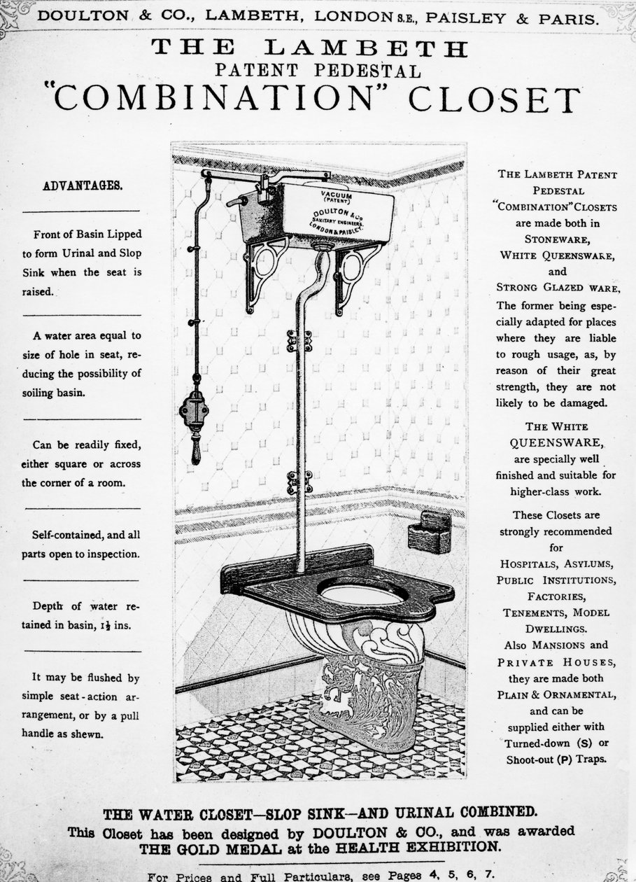 Annonce for The Lambeth Patent Piedestal Combination Closet, ca. 1890 af English School