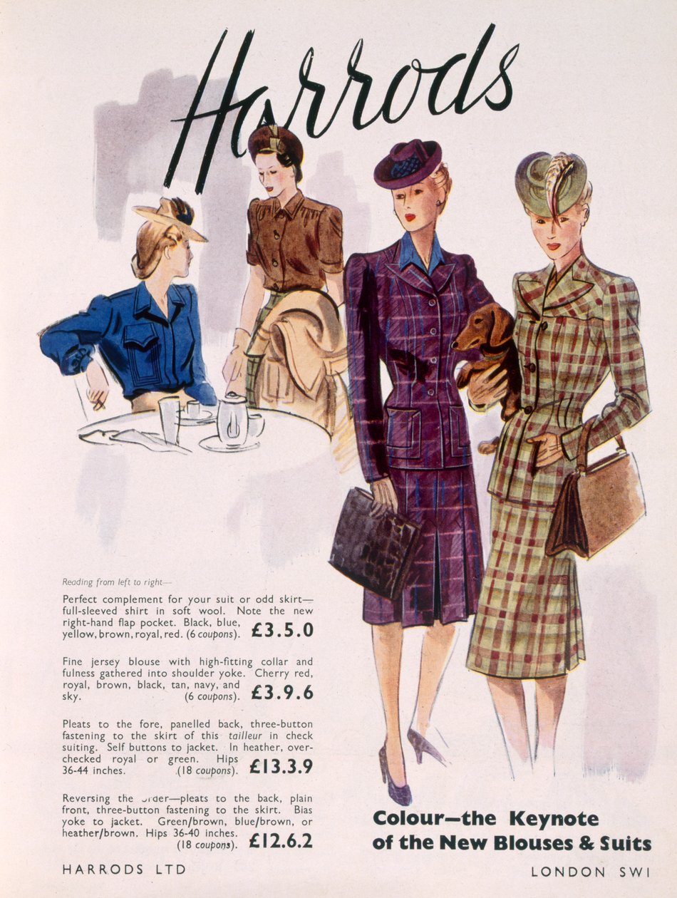 Annonce for bluser og jakkesæt til kvinder hos Harrods, 1945 af English School
