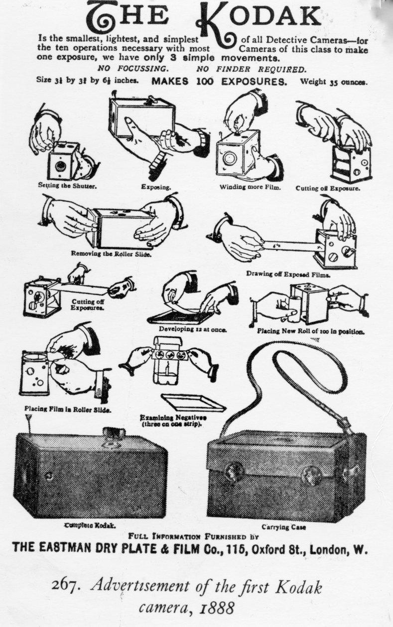 Annonce for det første Kodak-kamera, 1888 af English School