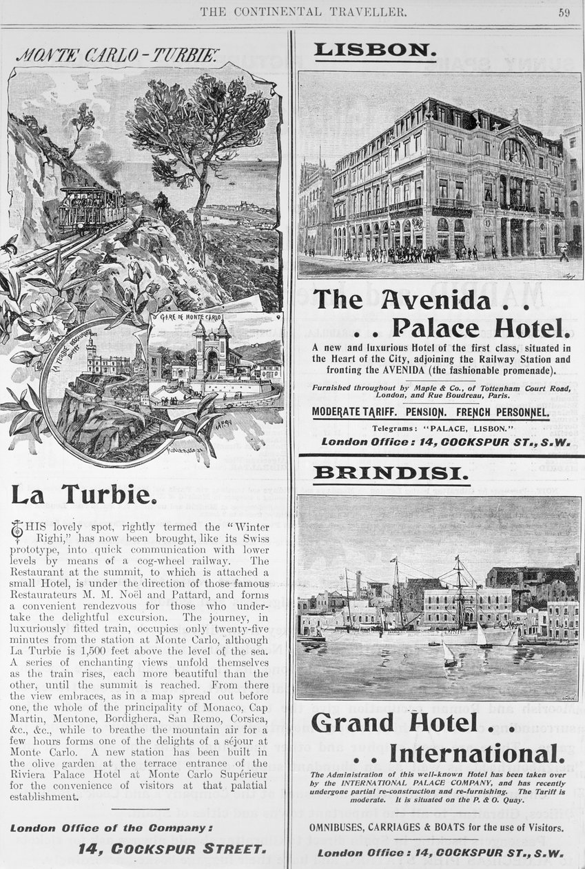 Annoncer for La Turbie Restaurant, The Avenida Palace Hotel og Grand Hotel International, fra side 59 af 