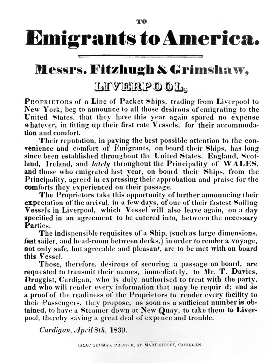 Annonce for pakkeforsendelser til Amerika, 1839 (trykt papir) af English School