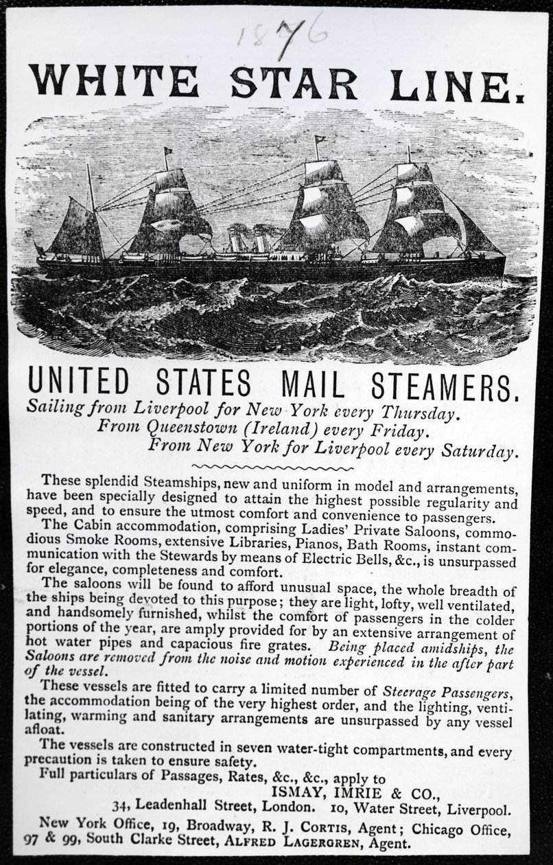 Annonce for White Star Line, 1876 (trykt papir) af English School