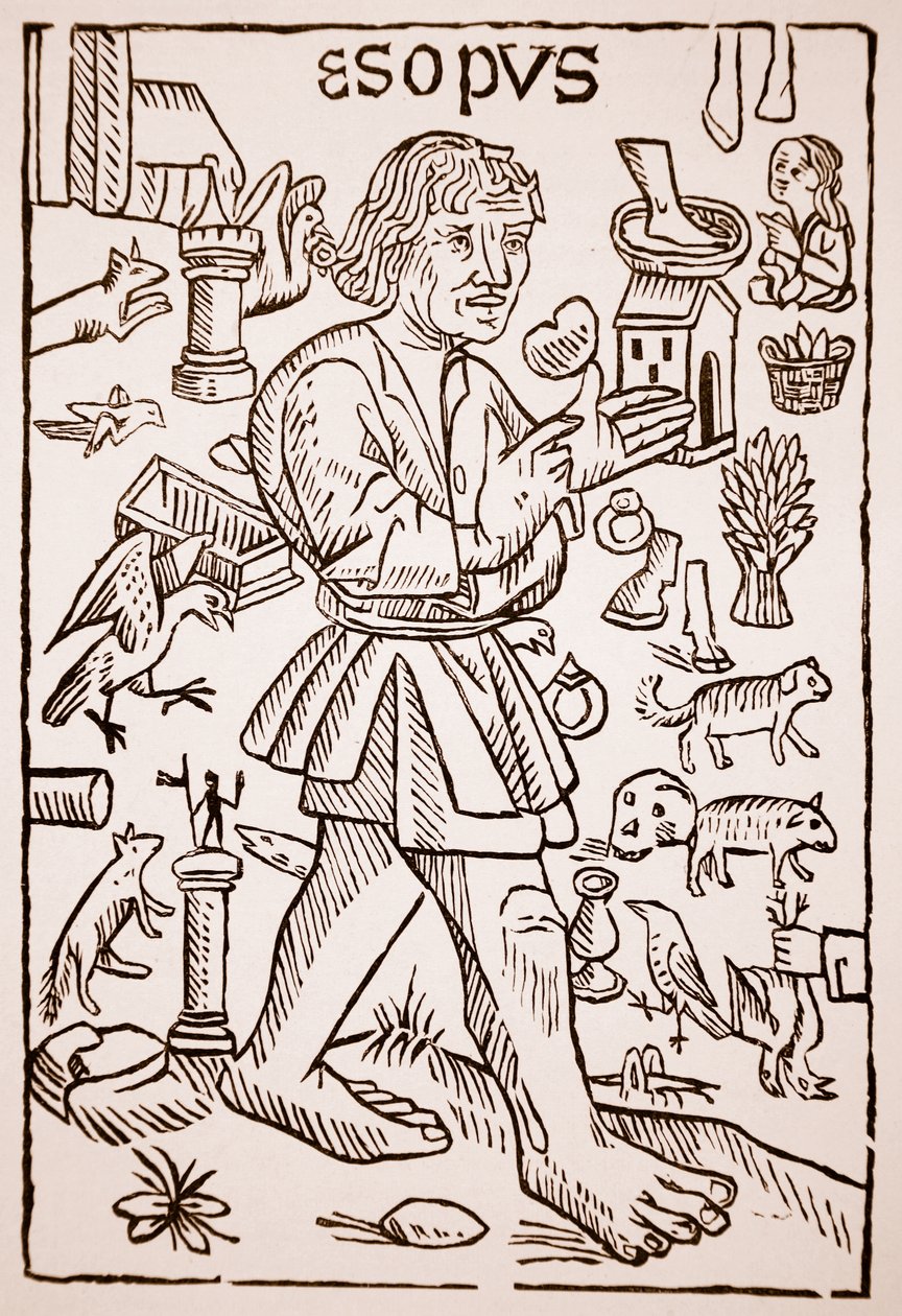 Aesop, frontispice til Aesops Fables af William Caxton (ca. 1422-91), 1434 (sepia foto) af English School
