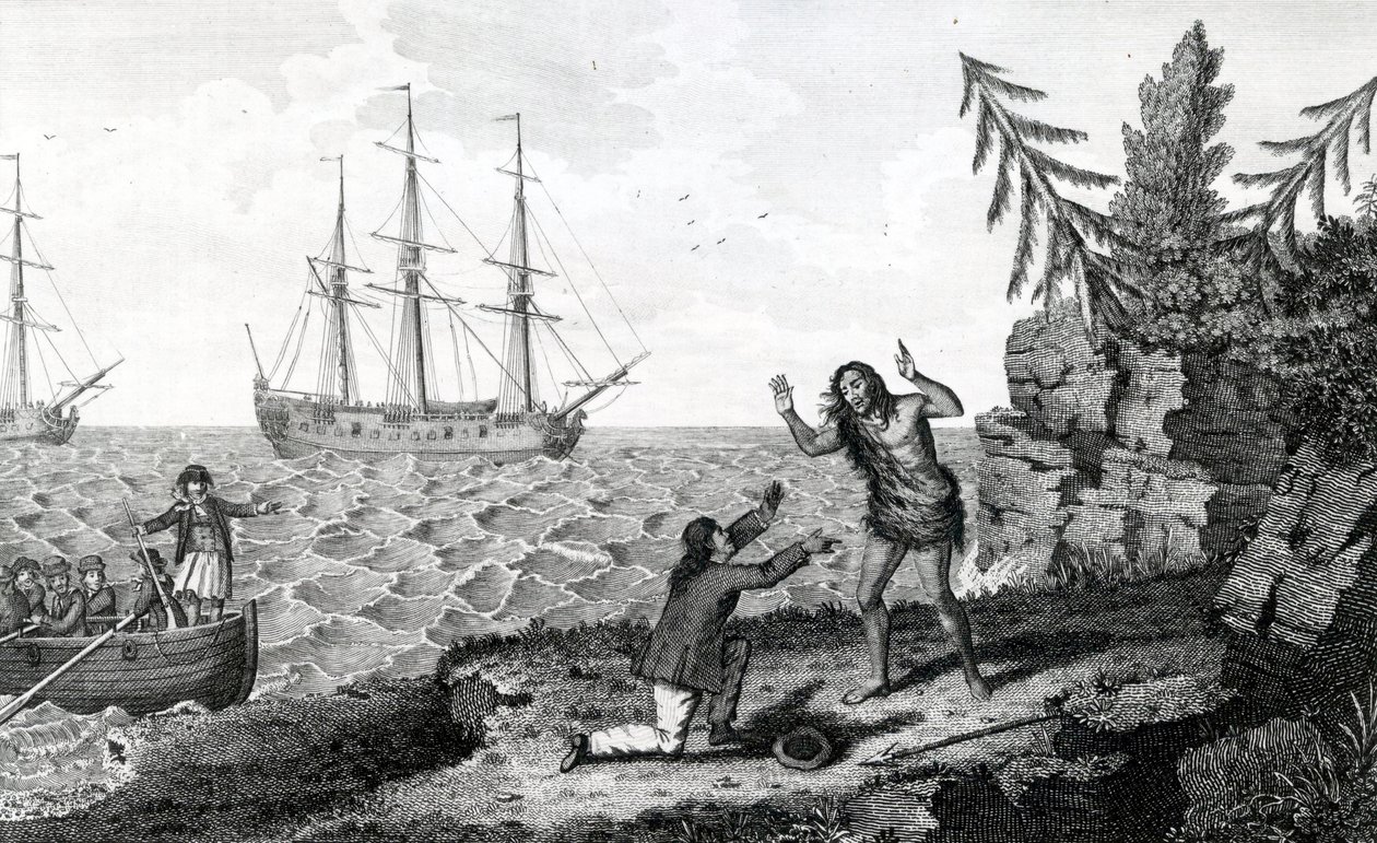 Påvirkende interview af to Mokito-mænd, illustration taget fra Moores Voyages and Travels, 1778 af English School