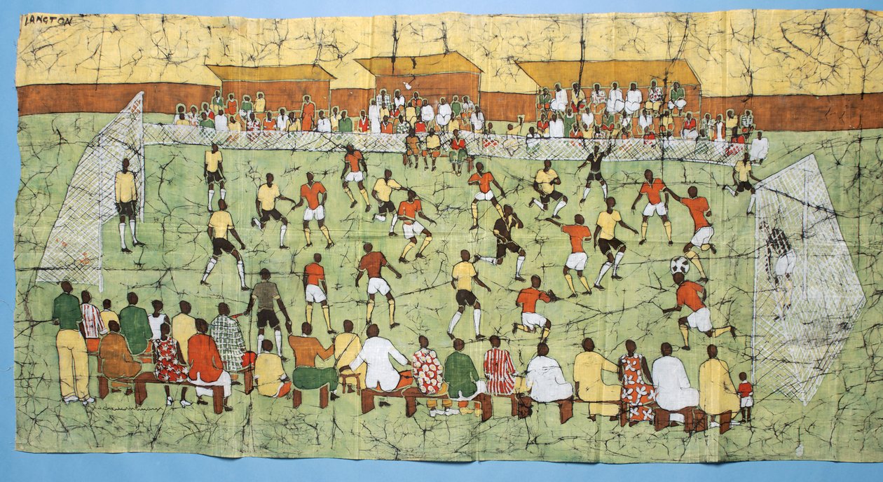 Afrikansk batik, der illustrerer en fodboldkamp med folkemængder, der ser på tribunerne (tekstil) af English School