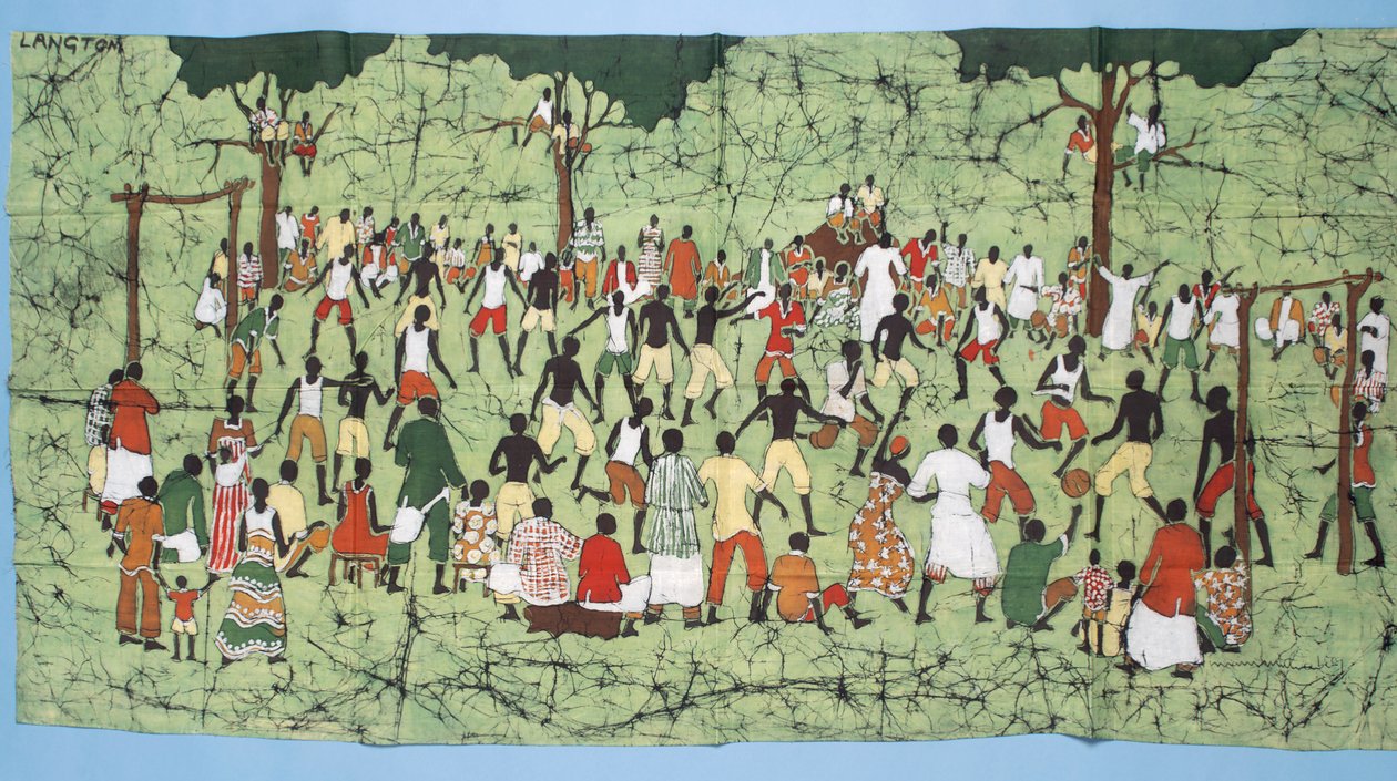 Afrikansk batik, illustration og fodboldkamp med tilskuere (tekstil) af English School