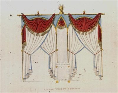 Alkovevinduesgardiner, plade 141 fra Ackermanns Kunstdepot, udgivet 1824 (farve litho) af English School