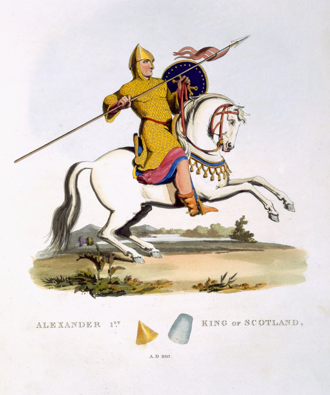 Alexander I, konge af Skotland (ca. 1080-1124), 1107, fra Ancient Armour, af Samuel Rush Meyrick, 1824 af English School
