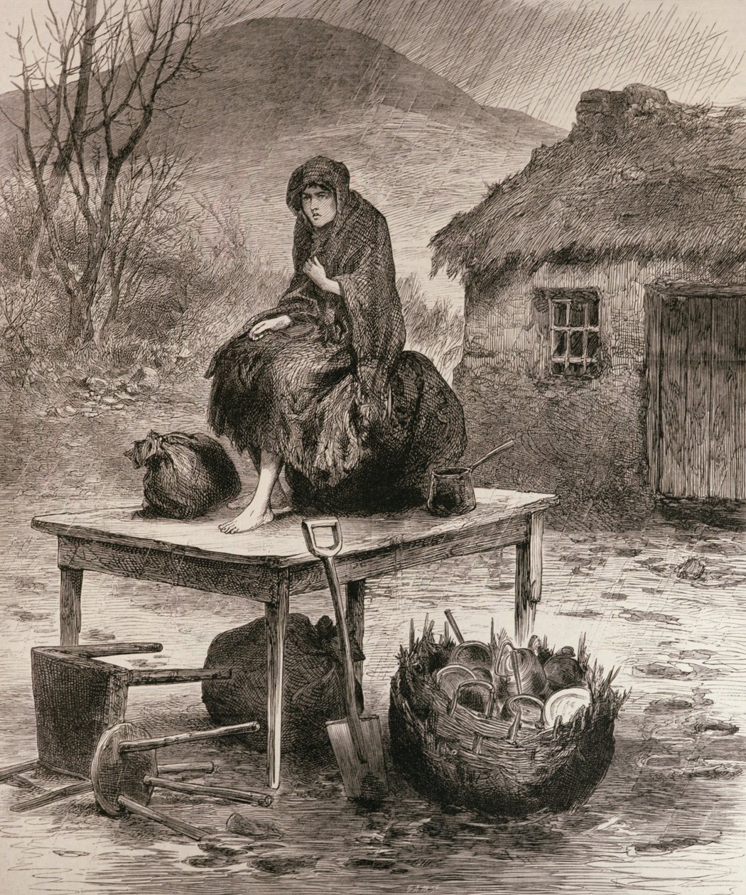 Alt, hvad der er tilbage: Scene ved en Mayo-udsættelse, efter en skitse af Claude Byrne, fra "The Illustrated London News", 17. april 1886 af English School