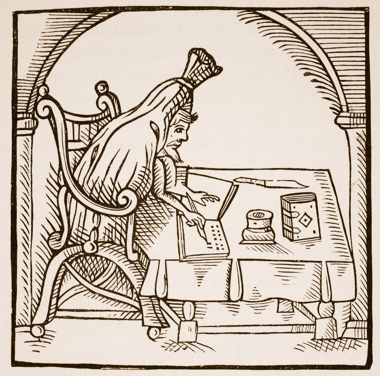 Allegorisk billede af Robert Green i hans begravelsessvøbe, fra Greene in Conceipt af John Dickenson, 1598 (sepiafoto) af English School