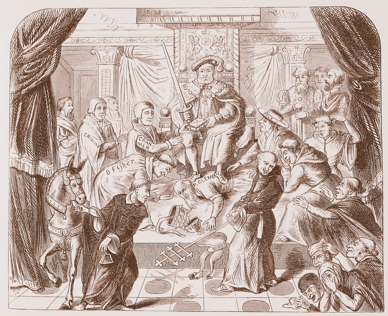 Allegorisk billede af Henrik VIII, der tramper på pave Clement, fra et gammelt tryk i British Museum af English School