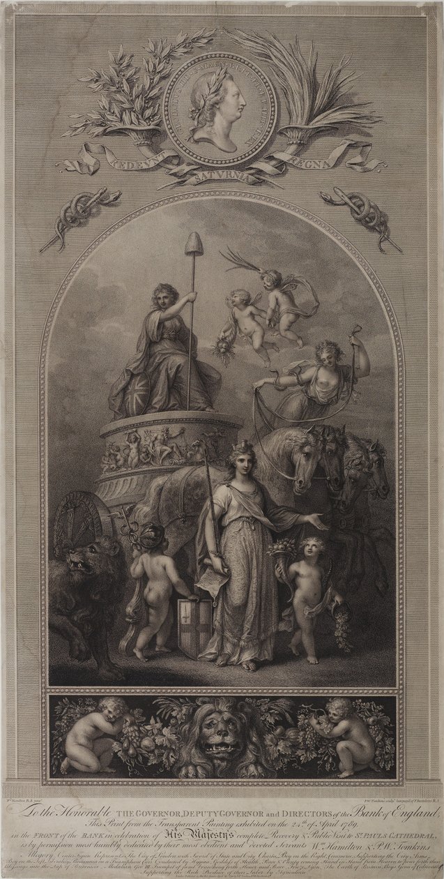 "Allegori over byen London med statens sværd og byens charta" (litho) af English School