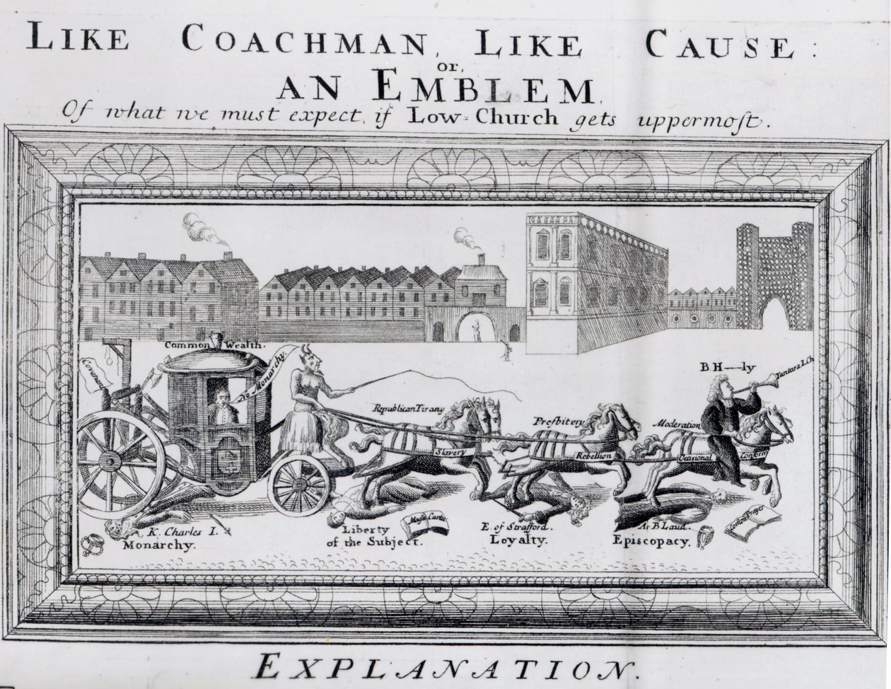 Allegori om farerne ved lavkirkelig puritanisme til monarkiet, subjektets frihed, loyalitet og bispedømme, ca. 1640-45 af English School