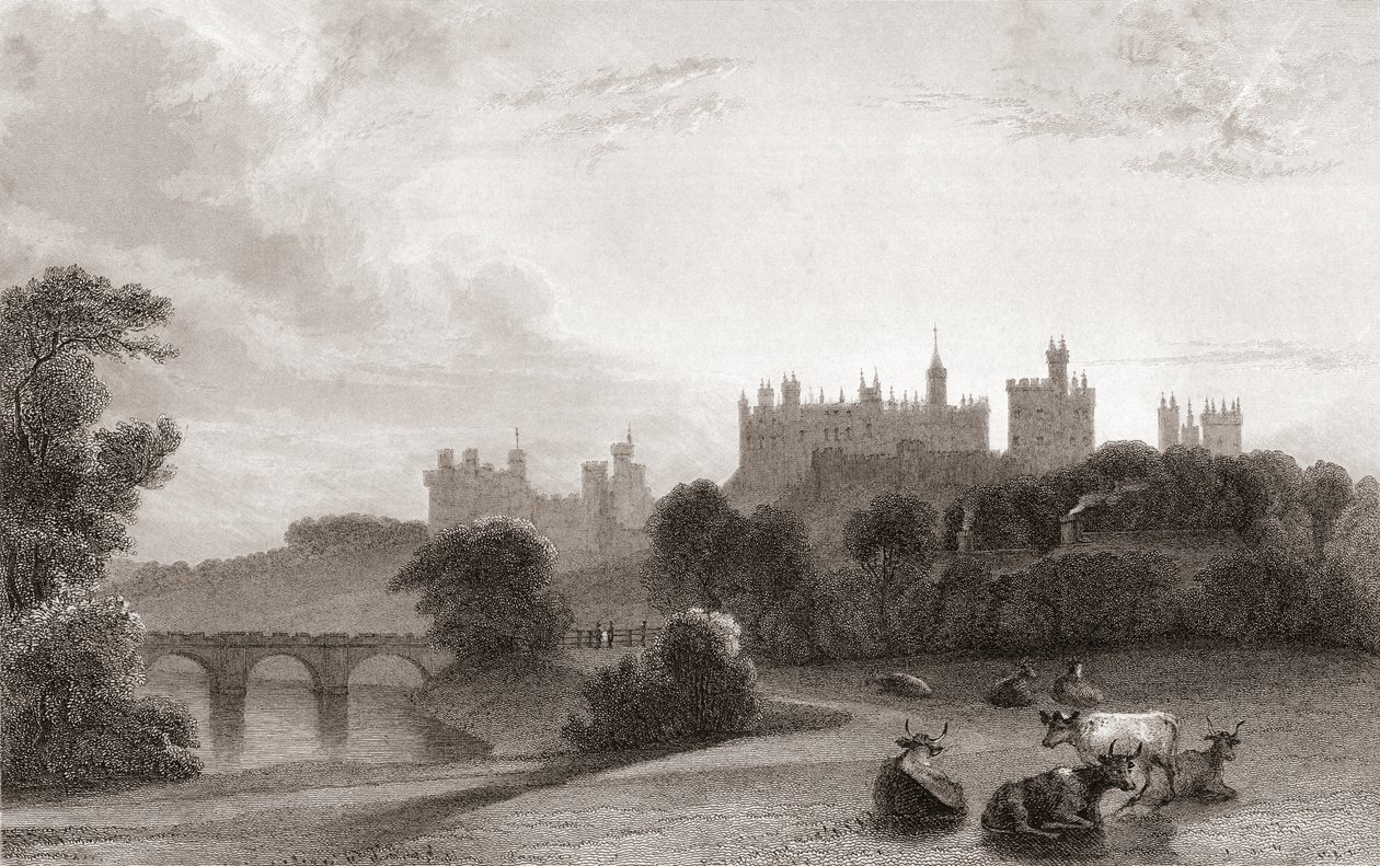 Alnwick Castle, Alnwick, Northumberland, England, i det tidlige 19. århundrede. Brugt som location i Harry Potter-film. Fra Churton