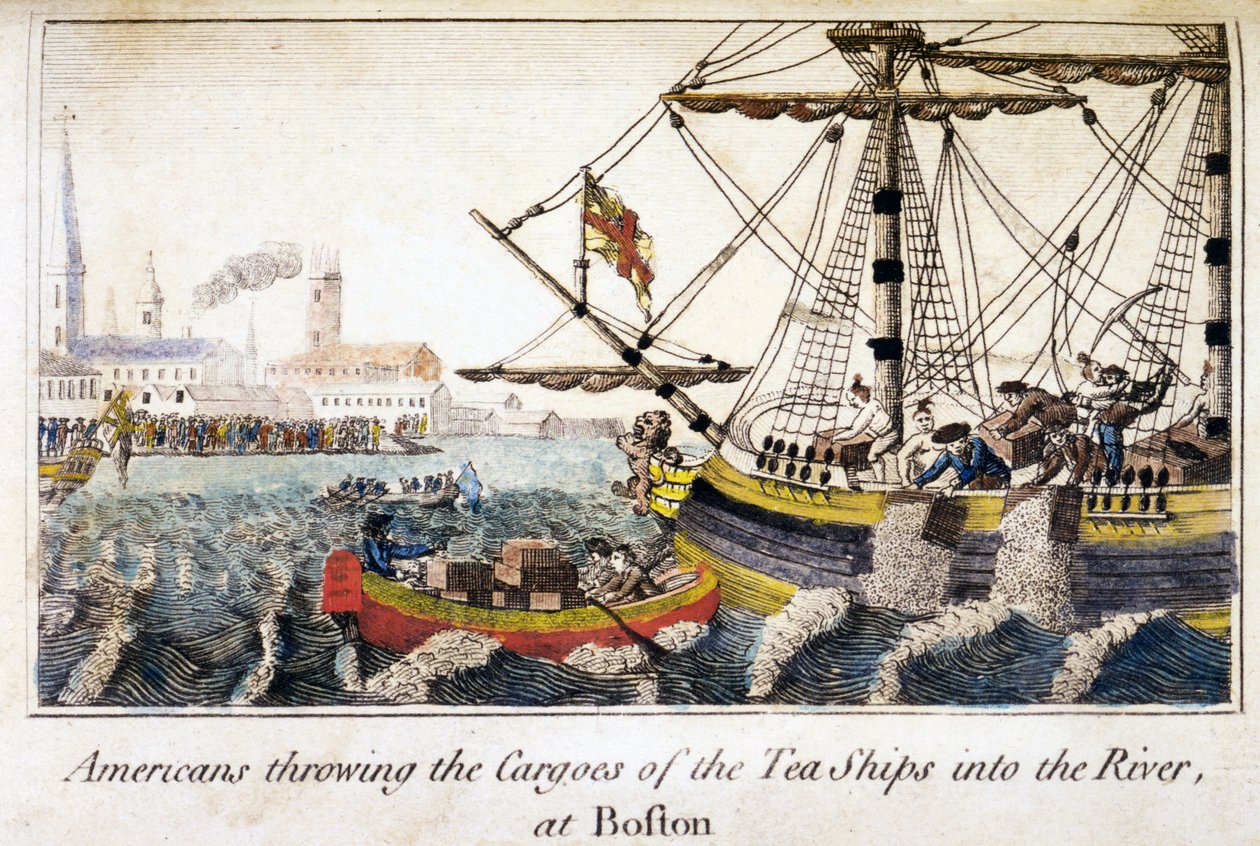 Amerikanere kaster lasten fra teskibene i floden ved Boston, fra History of the North Americas, pub. London af English School