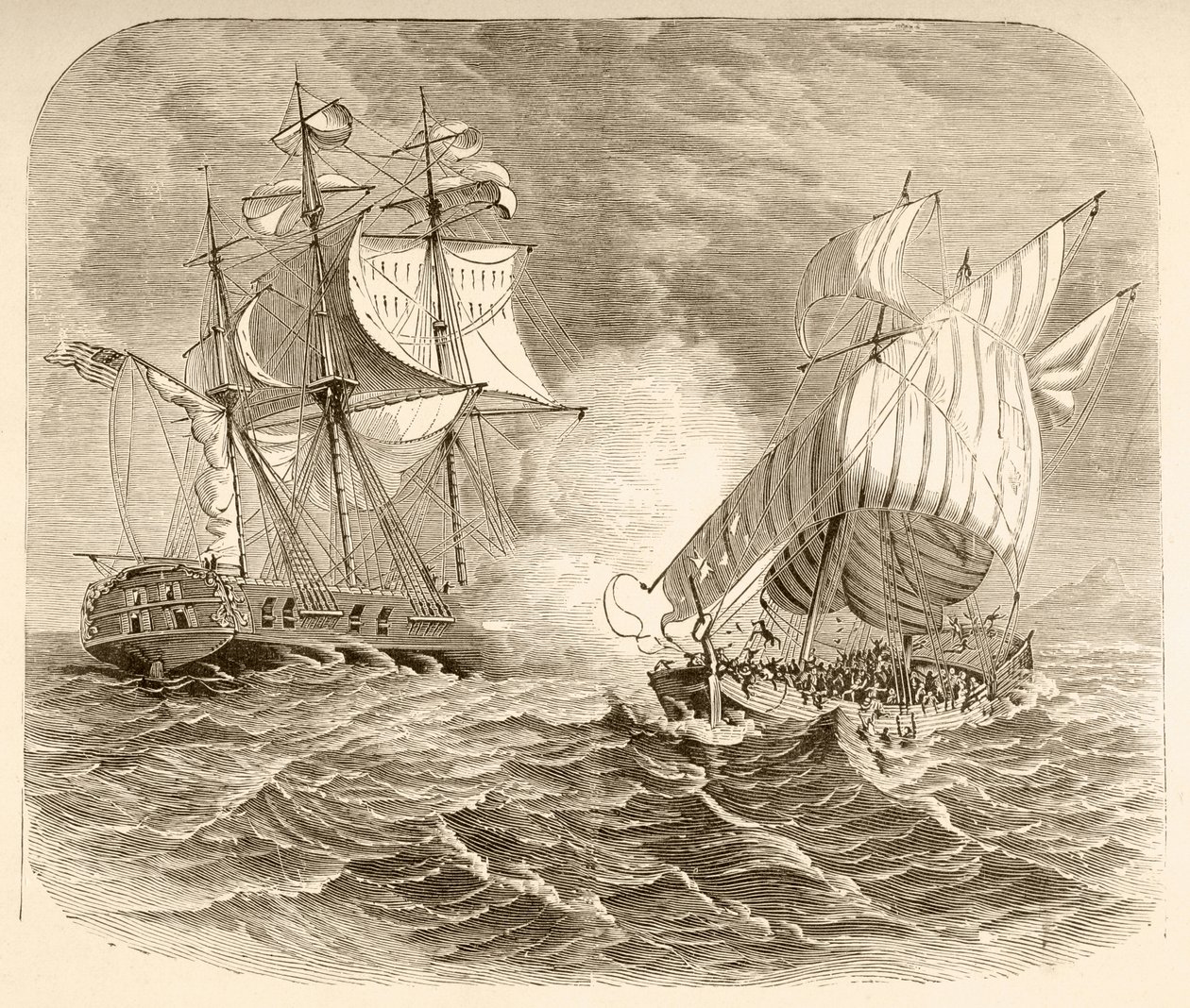 Et amerikansk flådeskib fanger et algerisk piratskib ud for Barbarykysten under den første barbariske krig (litho) af English School