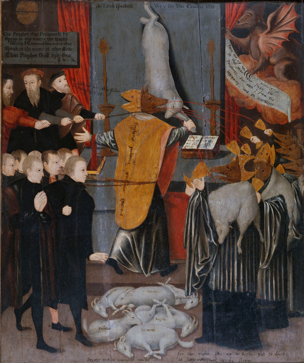 En anti-katolsk allegori med portrætter af Stephen Gardiner, biskoppen af Winchester og biskopperne Bonner og Tunstall som ulve, og med kroppe af Hooper, Cranmer, Goodrich, Ridley Latimer og Rogers som lam, ca. 1555 af English School
