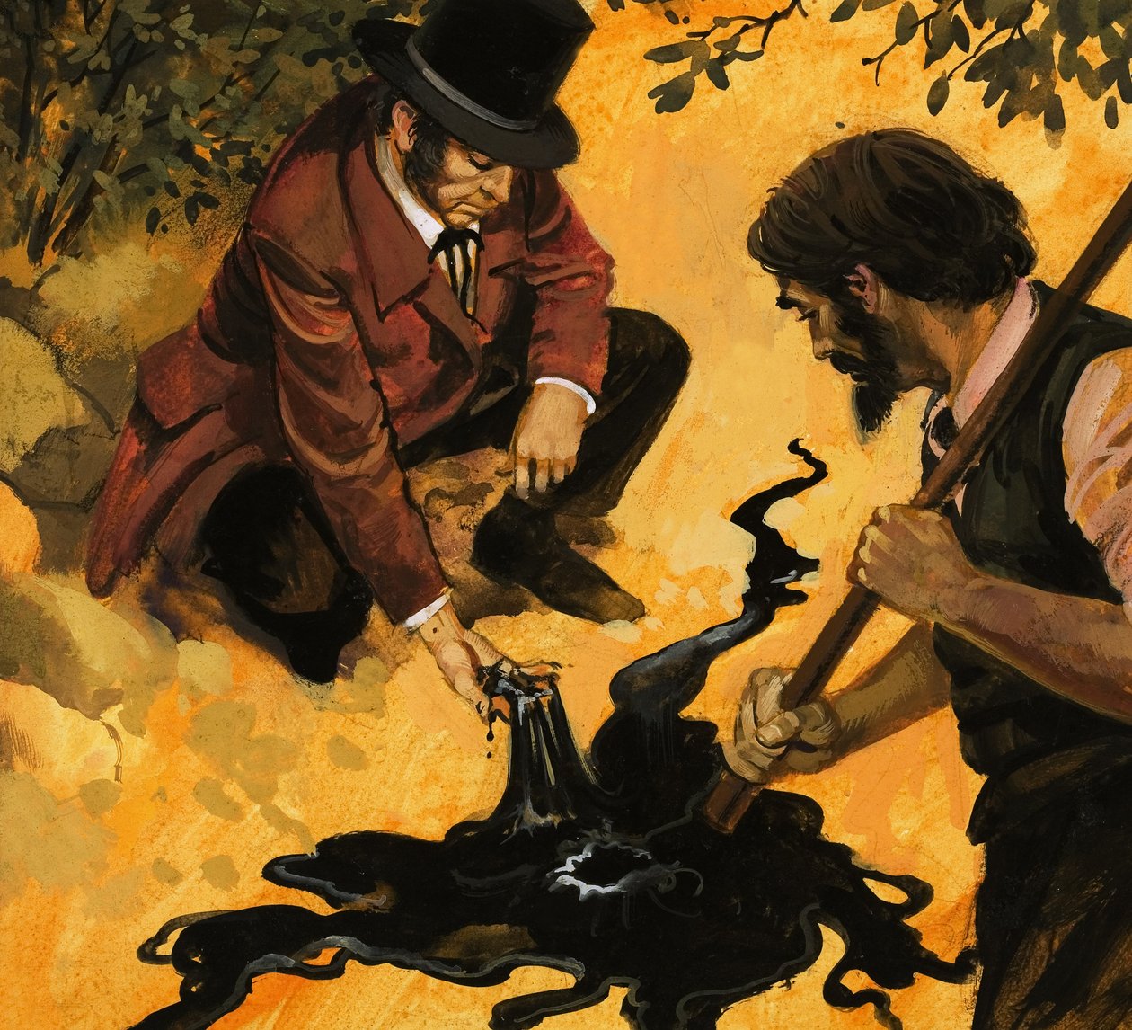 En edwardiansk gentleman, der opdager olie (gouache på papir) af English School