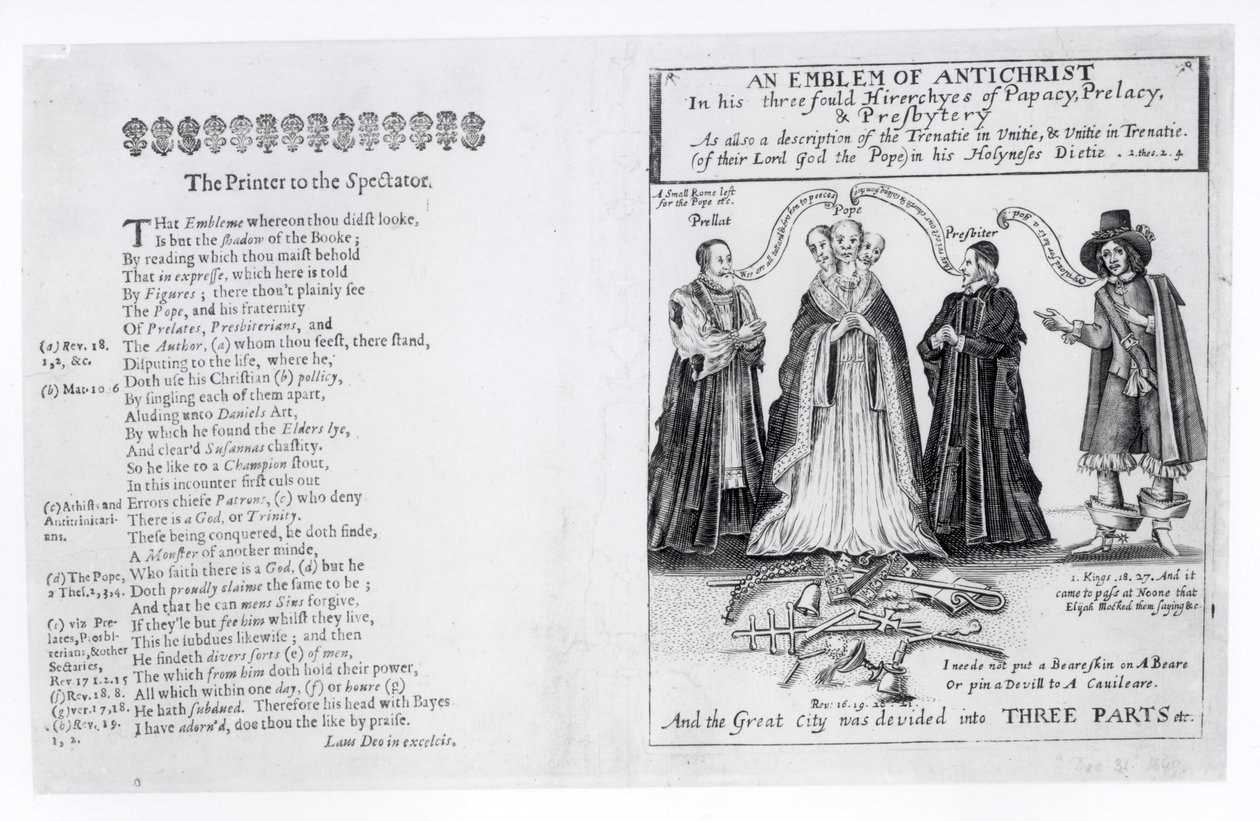Et emblem af Antikrist i hans tredelte hierarki af pavedømme, prælatur og præstestyre, 1649 af English School