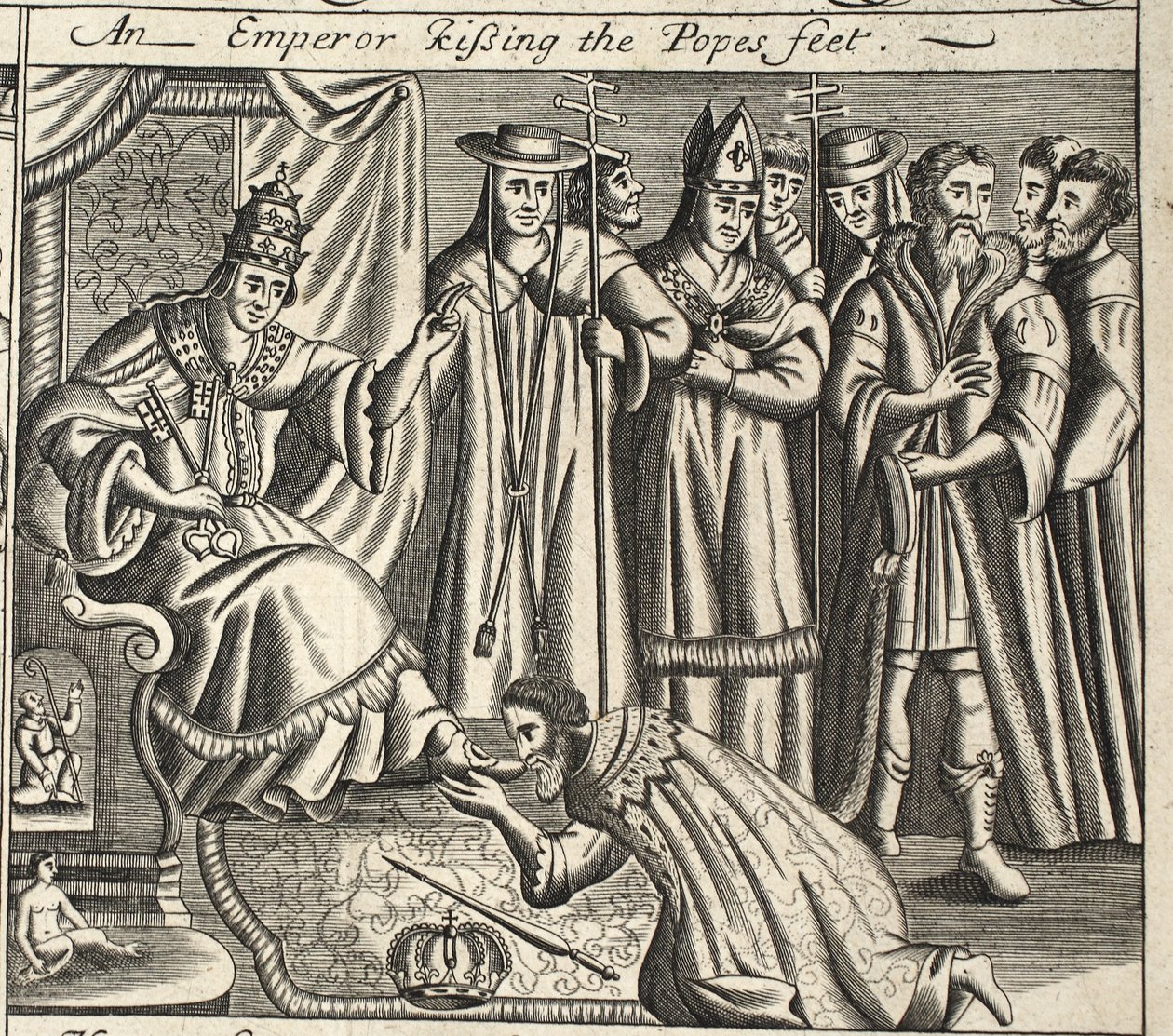 En kejser, der kysser pavens fødder, illustration fra Acts and Monuments af John Foxe, niende udgave, pub. 1684 af English School