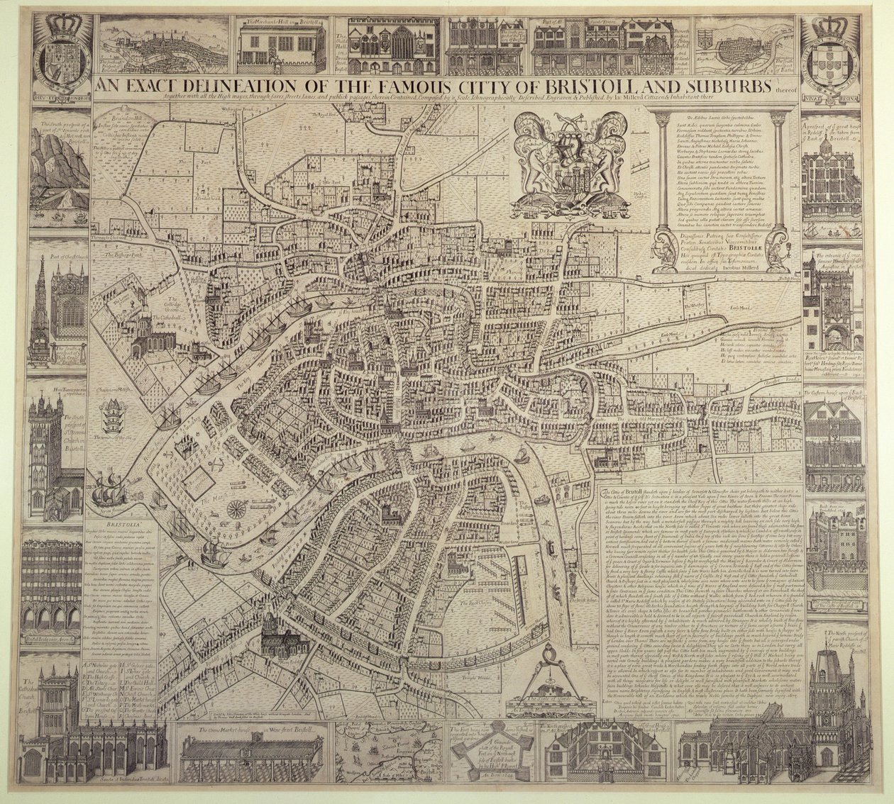 "An Exact Delineation of the Famous City of Bristol and Suburbs", af James Millerd, pub.1673 af English School