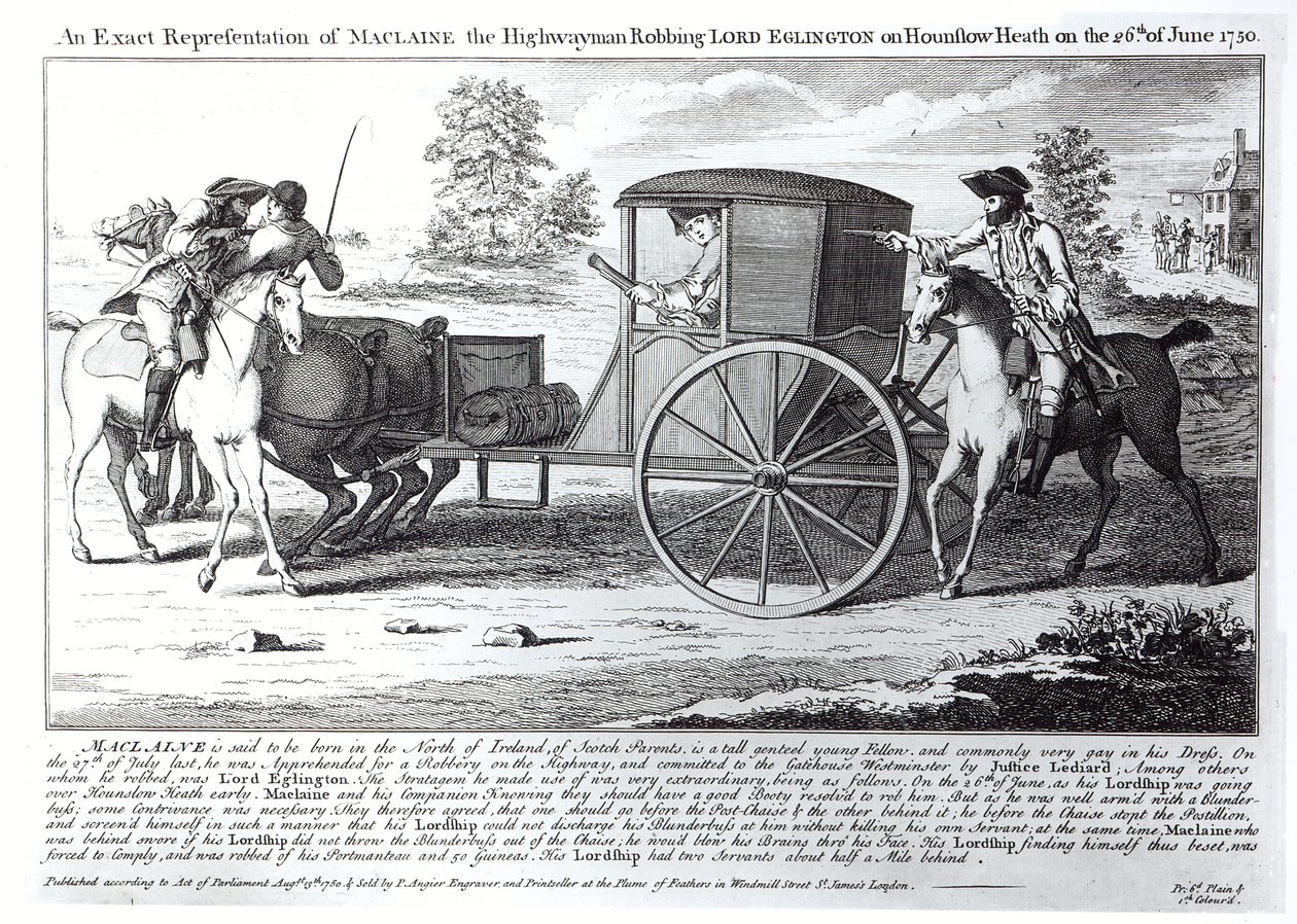 En nøjagtig repræsentation af Maclaine the Highwayman, der røver Lord Eglington på Hounslow Heath den 26. juni 1750 af English School