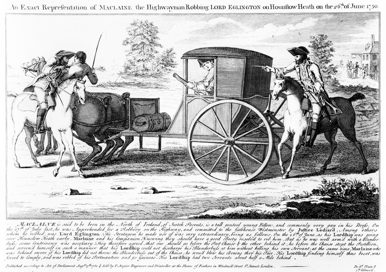 En nøjagtig gengivelse af Maclaine the Highwayman, der røver Lord Eglington på Hounslow Heath den 26. juni 1750, tryk lavet af Charles Mosley, 1750 af English School