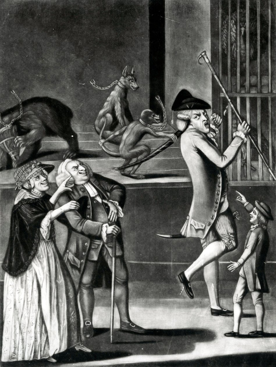 En udstilling af vilde dyr eller makaronien i nød, 1774 (mezzotint) af English School