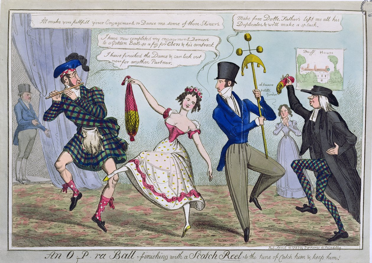 En O.P.ra Ball, der afsluttes med en Scotch Reel til melodien Catch Him and Keep Him, pub. af S.W. Fores, 1823 (farvet radering) af English School