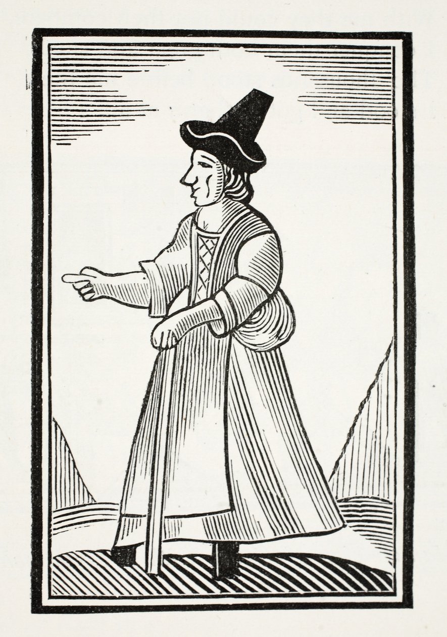 En gammel kvinde, der skælder ud i en høj kronet hat, illustration fra Chapter-books of the Attende Century af John Ashton, pub. 1882 af English School