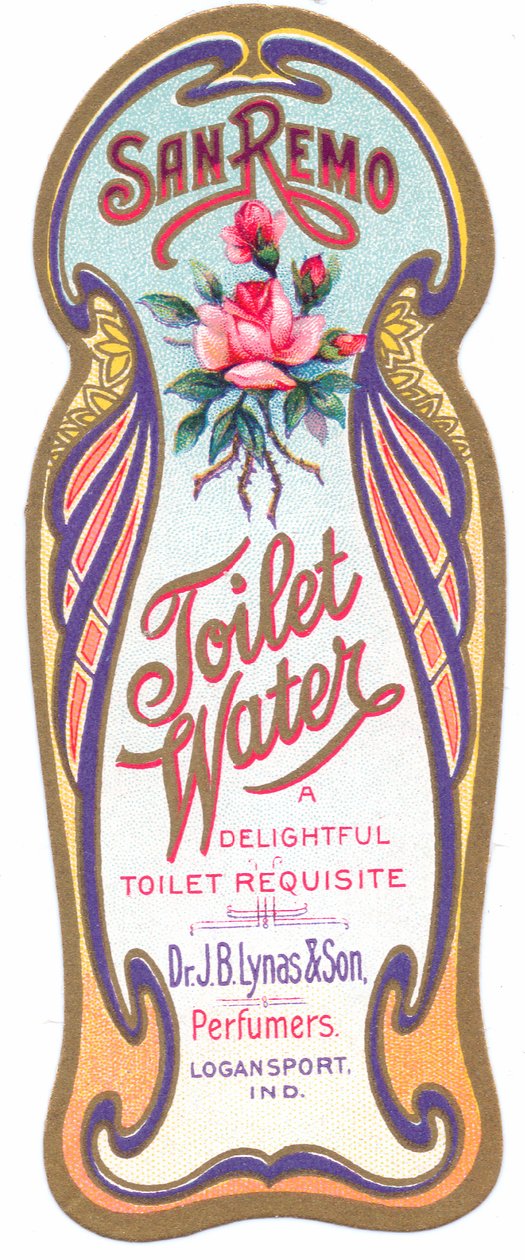 Et art nouveau parfumemærke til "san remo toilet water", ca. 1900 af English School
