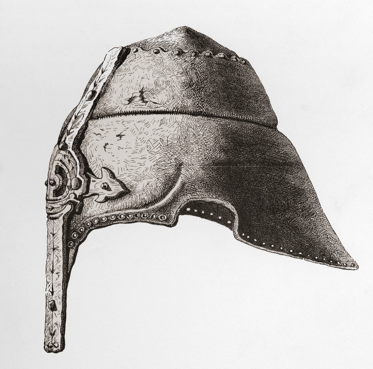 En næsehjelm fra det tidlige tolvte århundrede, fra The British Army: Its Origins, Progress and Equipment, udgivet 1868. af English School