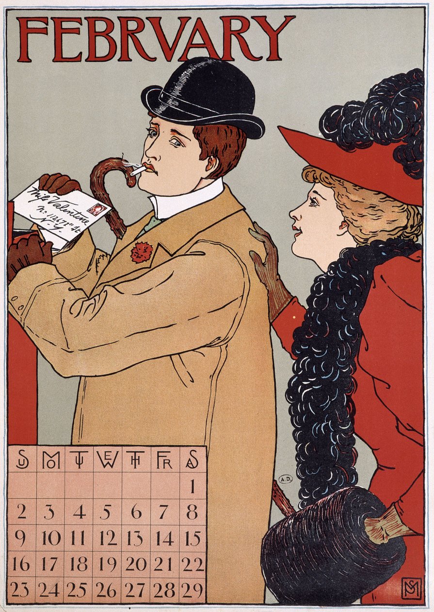Et elegant par (mand sender et brev), engelsk kalenderbillede, februar måned, n.d. slutningen af det 19. århundrede. af English School