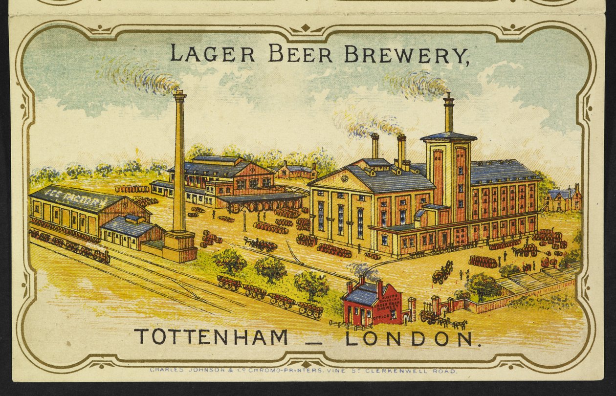 En illustration af det østrig-bayerske Lager Beer Brewery i Tottenham, London af English School