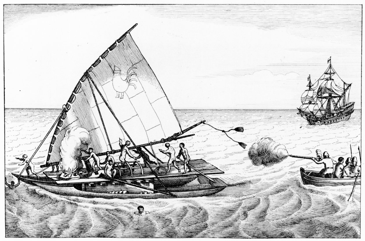 En hændelse under Le Maires (ca. 1585-1616) og Schoutens (ca. 1567-1625) jordomsejling i 1615-16, fra bind II af Chronological History of the Voyages and Discoveries in the South Sea af English School