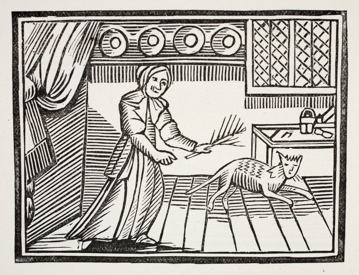 En gammel kvinde pisker sin kat for at fange mus på en søndag, illustration fra Chap-books of the Eighteenth Century af John Ashton, pub. 1882 af English School