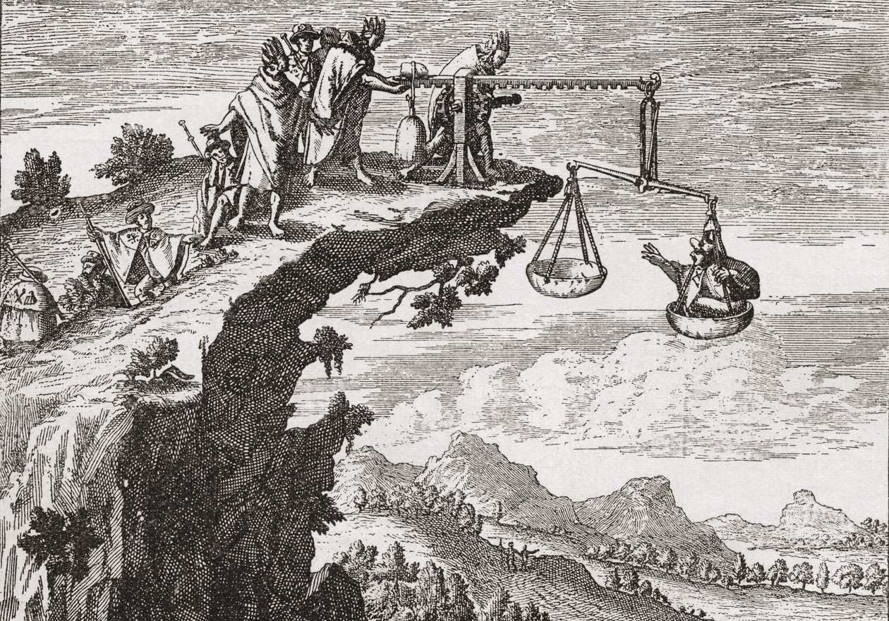 En usædvanlig metode til at afpresse tilståelser fra kriminelle, efter en tegning fra det 16. århundrede af Theodorus de Bry. Scenen viser forbryderen sidde i uretfærdighedens vægt, mens en præst læner sig over afgrunden klar til at modtage sin tilståelse. af English School