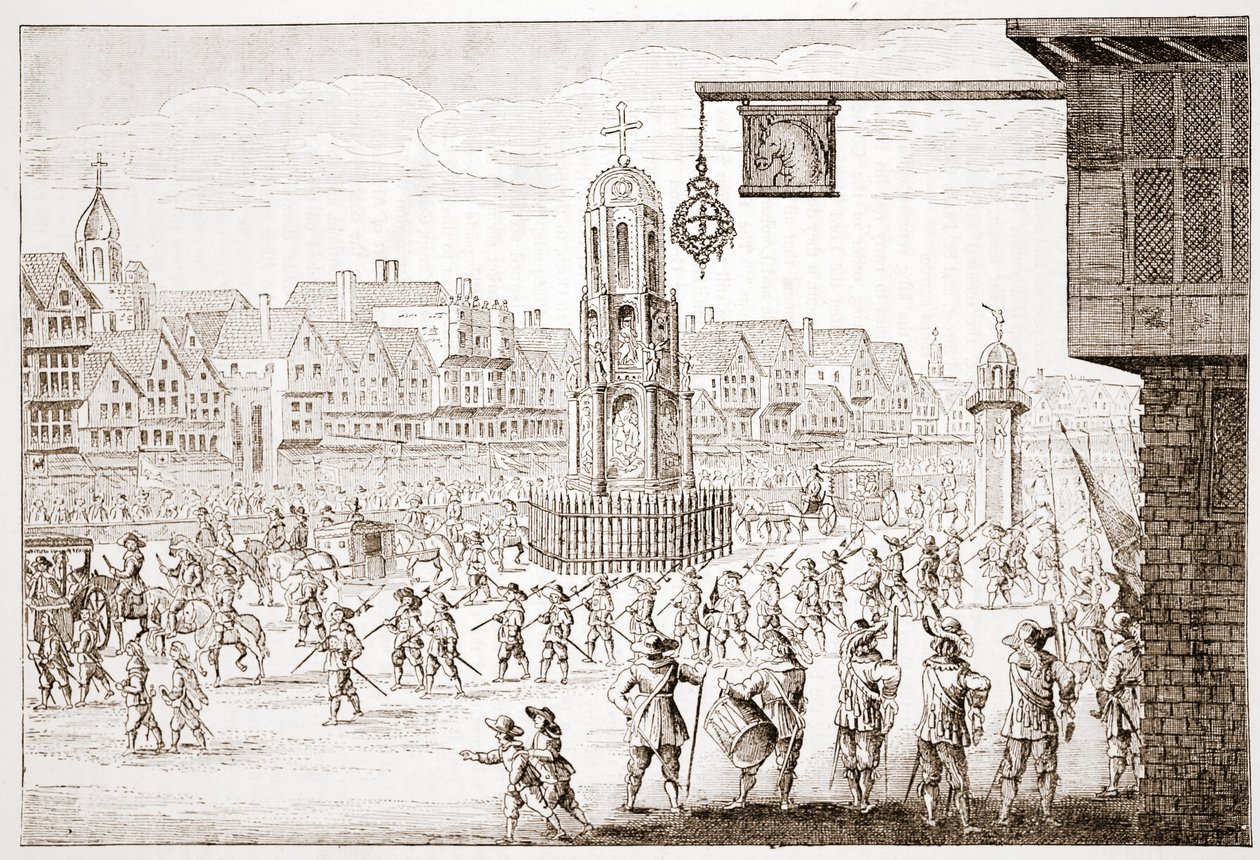 Gammel udsigt over Cheapside fra La Serres Entree de la Revne Mere du Roy, der viser Maria af Medicis procession af English School