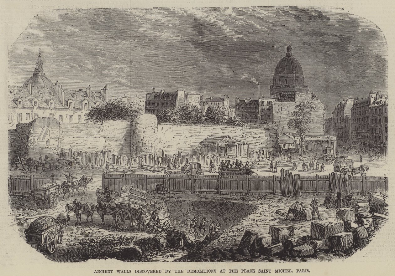 Gamle mure opdaget ved nedrivningerne på Place Saint Michel, Paris (kobberstik) af English School