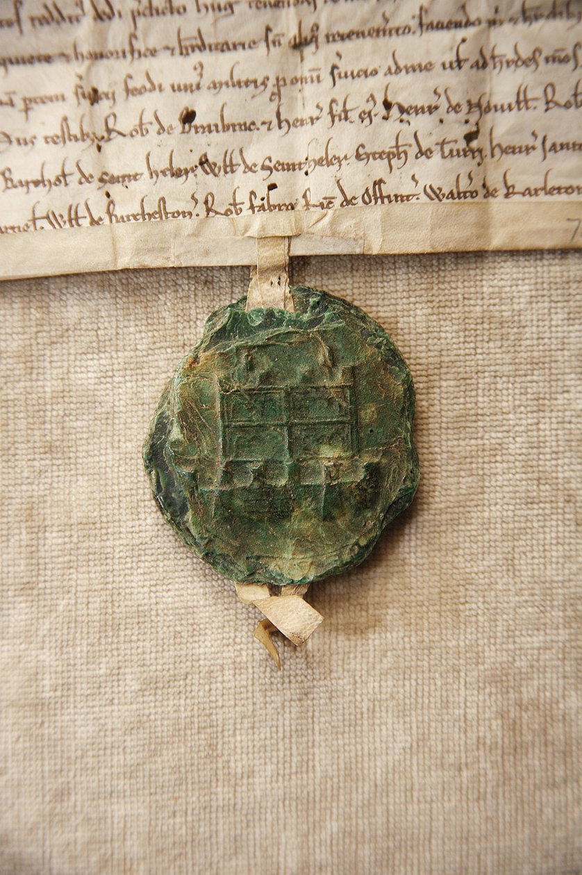 Gammelt segl med et billede af originalt slot, lavet til William de Albini IV, ca. 1267 (papir og voks) af English School