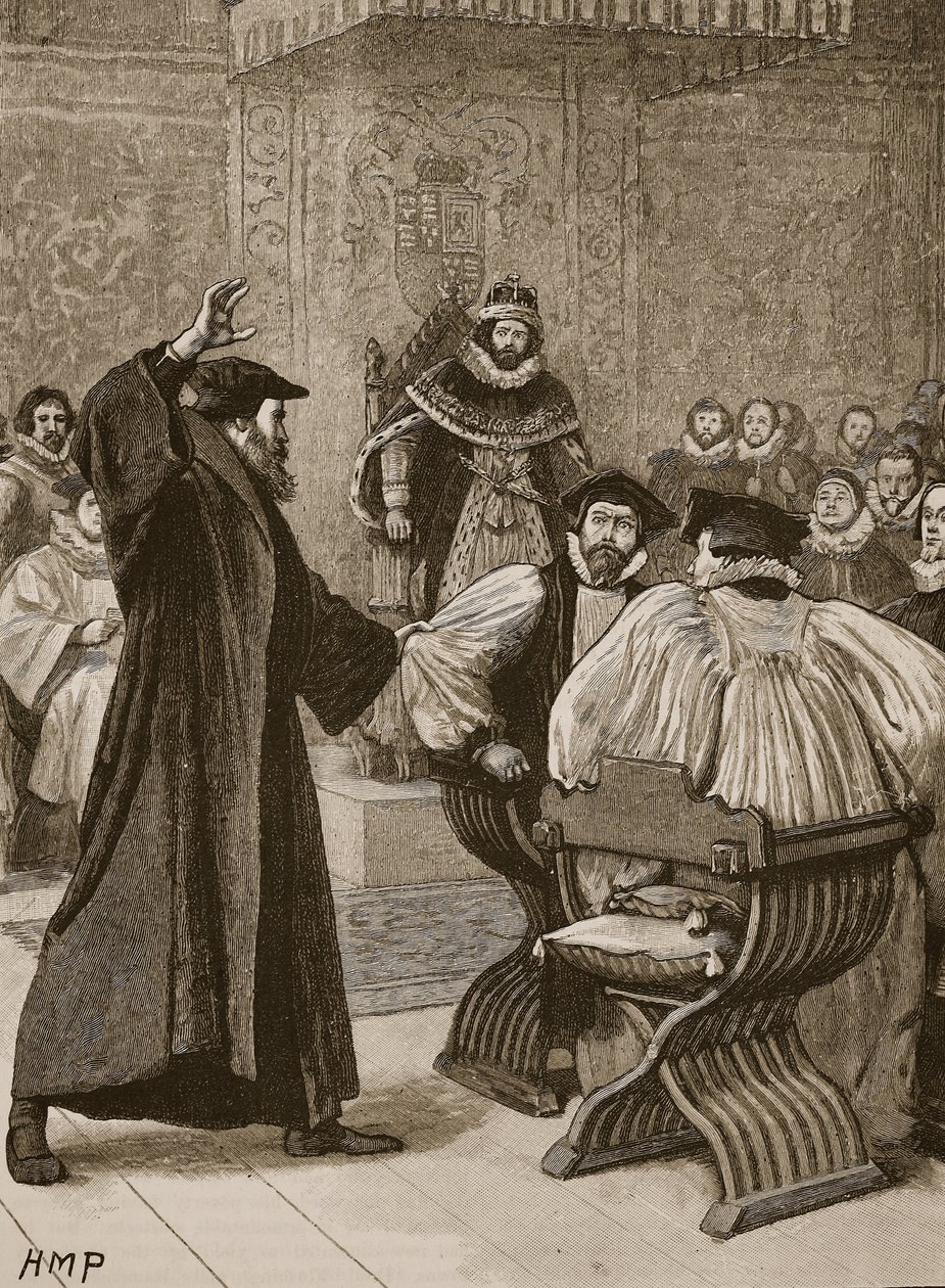 Andrew Melville før Scottish Privy Council, illustration fra Cassells Illustrated History of England (sepia foto) af English School