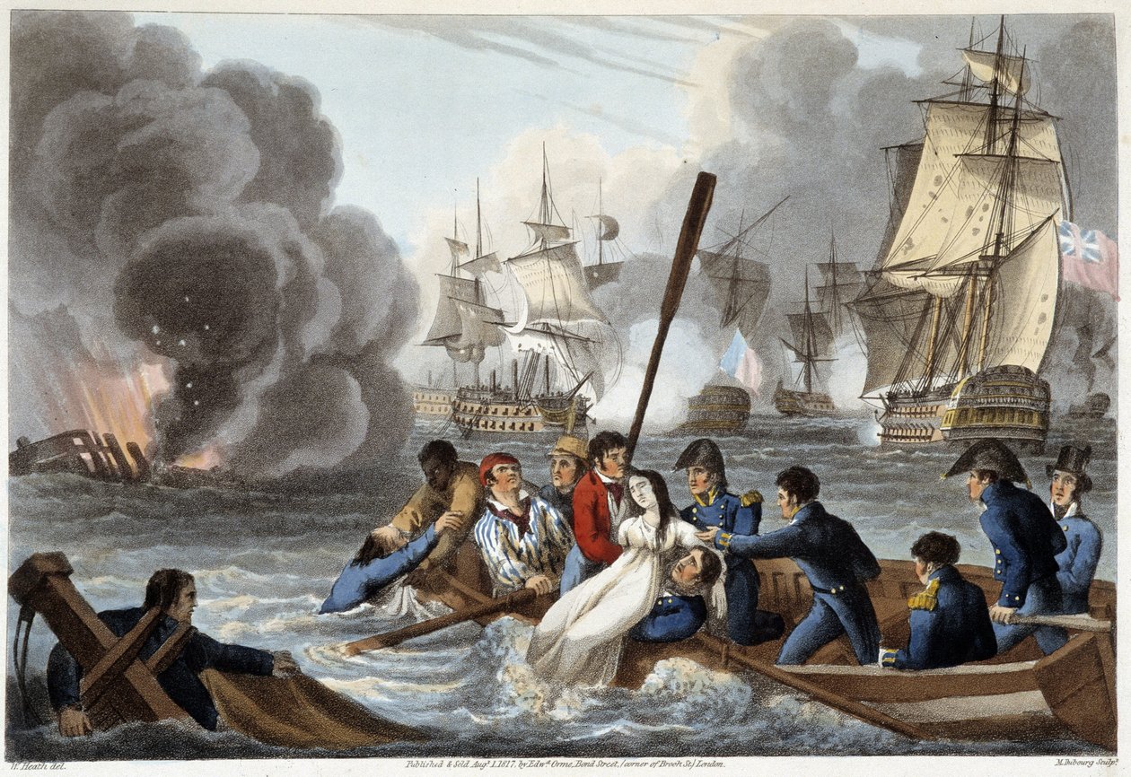 Anecdote a Trafalgar i "Historiske, militære og sømilitære anekdoter og hændelser, der kom i armene på Storbritannien og deres allierede, og som endte i Waterloo" af Edward Orme. Ill. af Fry, Sutherland, Clark, Dubourg, W.Heart, JA, Atkinson... Udg. 1819,  af English School
