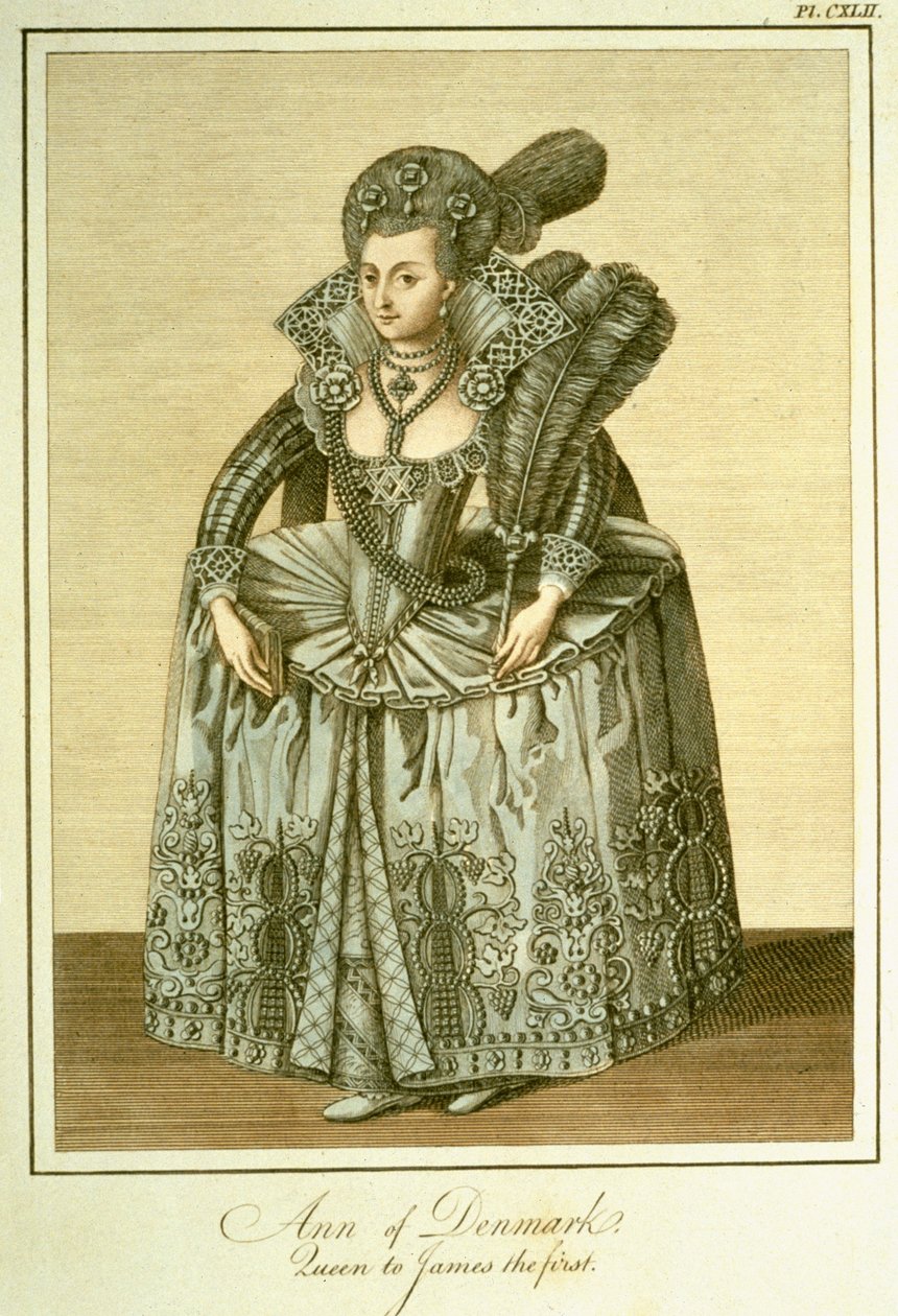 Anne af Danmark (1574-1619) kone til James I, illustration fra The Complete View of the Dress and Habits of the People of England, bind II, udgivet 1799 af English School