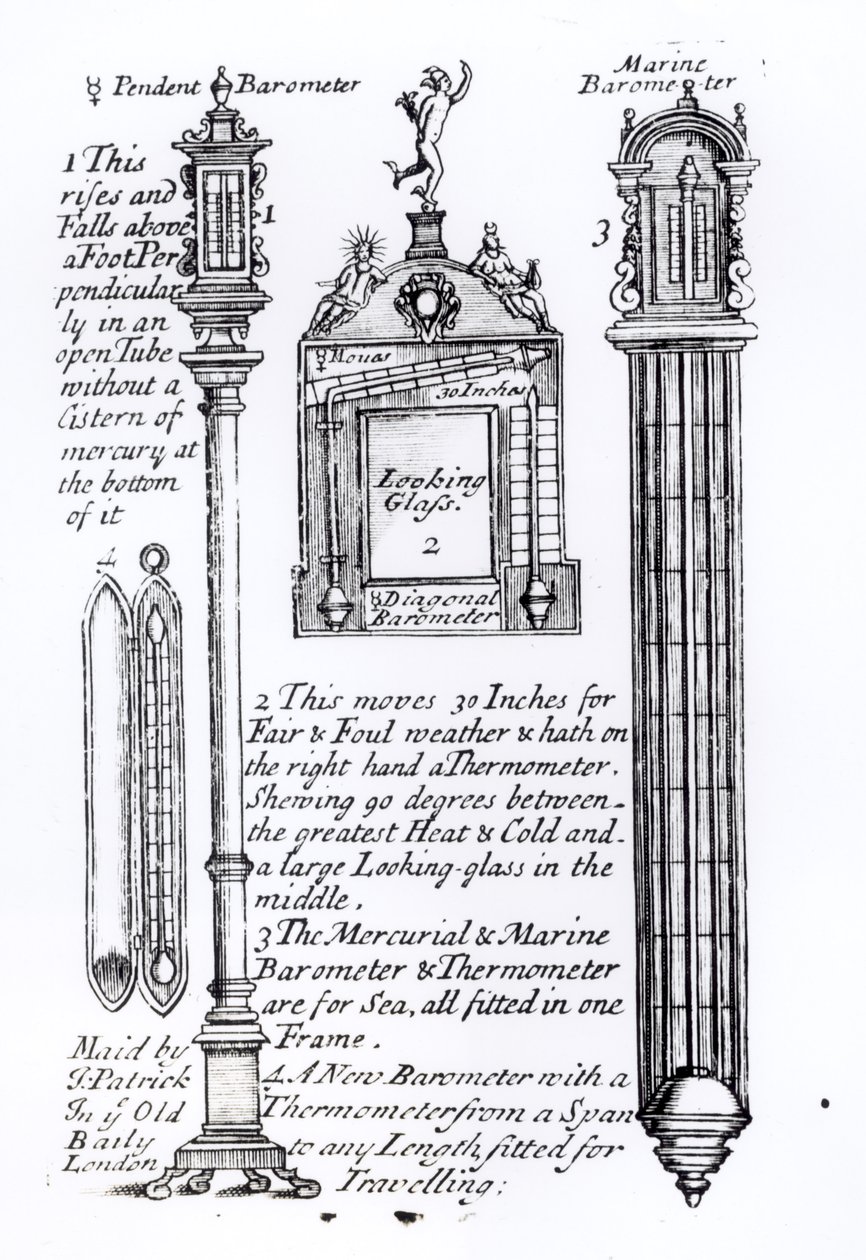 Annoteret illustration af pendent-, diagonal- og marinebarometre af English School